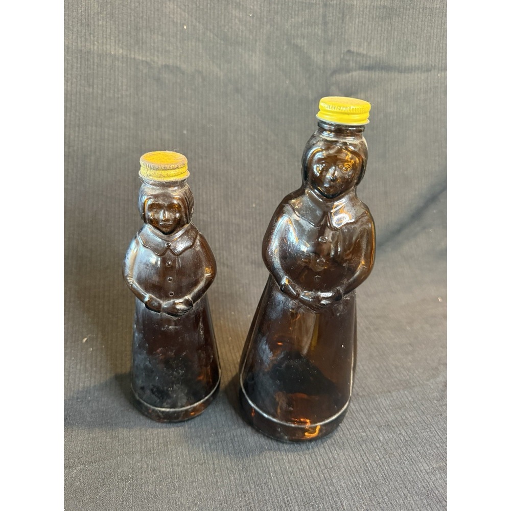 Vintage 1970s Mrs Butterworths Syrup Glass Bottles Lot of 2 Amber Metal Cap